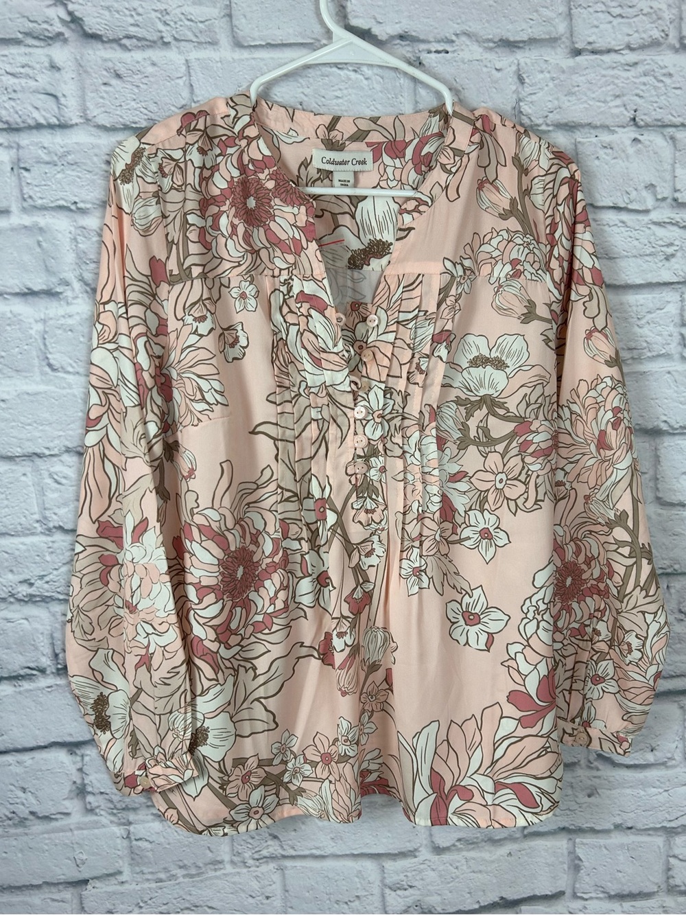 Coldwater Creek Floral Pintuck Blouse XS Pink Long Sleeve Cottagecore